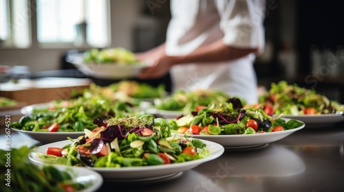 Elevating Salad Making: Chef Demonstrates Culinary Expertise as Fresh Ingredients Come Together in a Colorful Salad Preparation Scene.