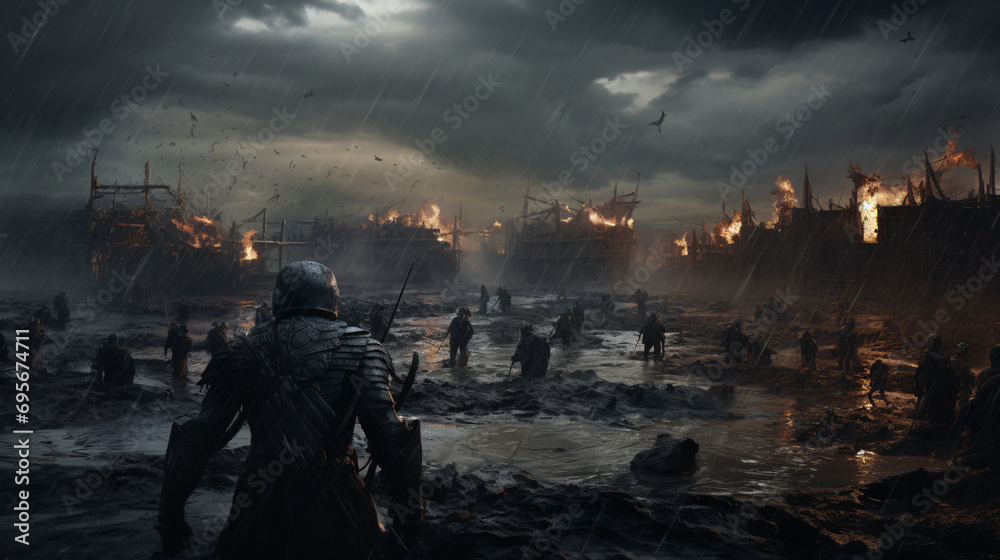 Soldiers with a battlefield background. Soldiers with a battlefield background.