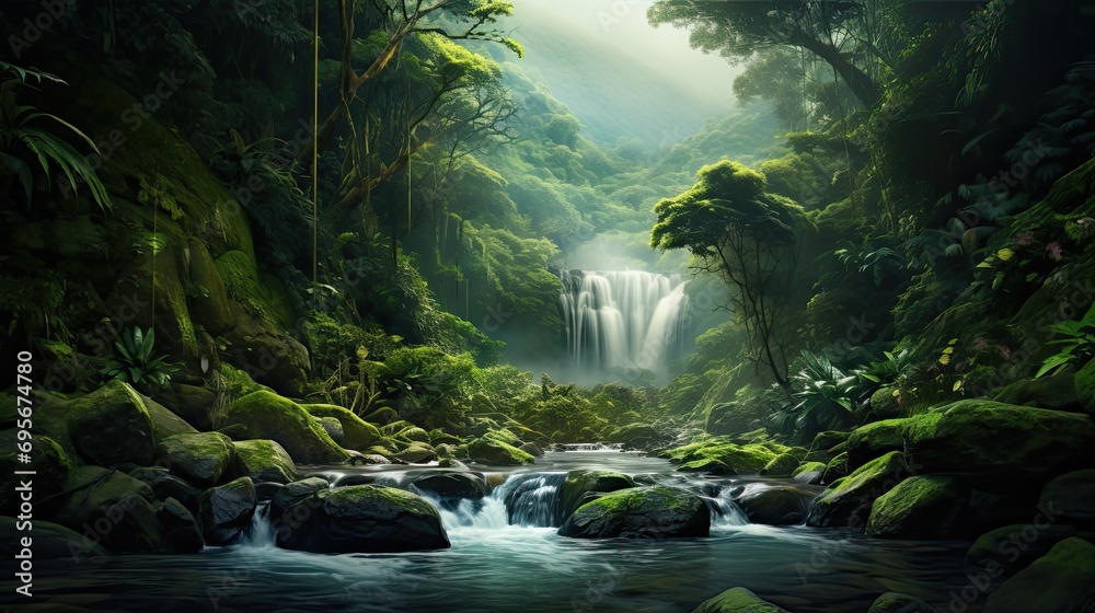 Fototapeta premium Long river of the waterfall between green mountains
