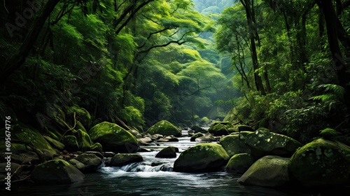 Long river of the waterfall between green mountains