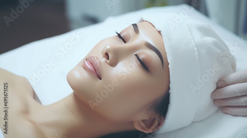 A Beauty expert massaging young woman s face Close up of beautiful Asian woman s head in white hat and doctor s hands in gloves lying on treatment bed.