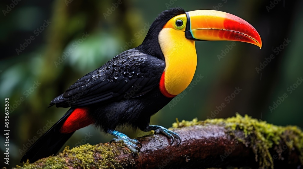 Obraz premium Immersed in Nature's Palette: Toucans Display Their Vivid Colors in the Rich Canopy of the Tropical Rainforest.