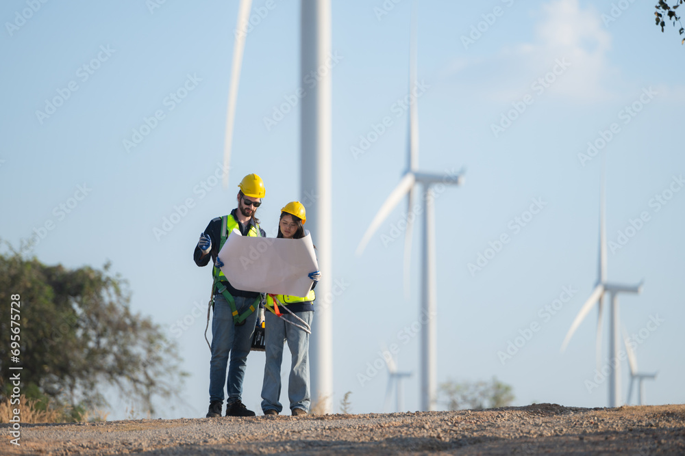 Engineer and worker discussing on a wind turbine farm with blueprints