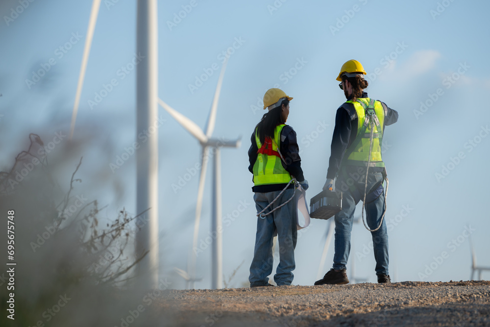 Engineer and worker discussing on a wind turbine farm with blueprints