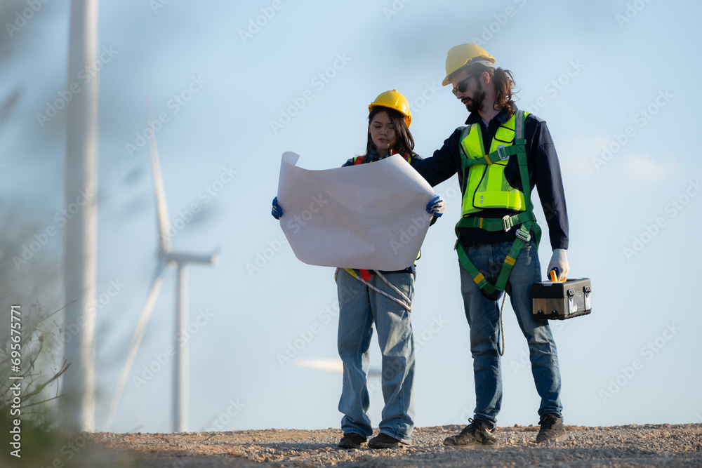Engineer and worker discussing on a wind turbine farm with blueprints