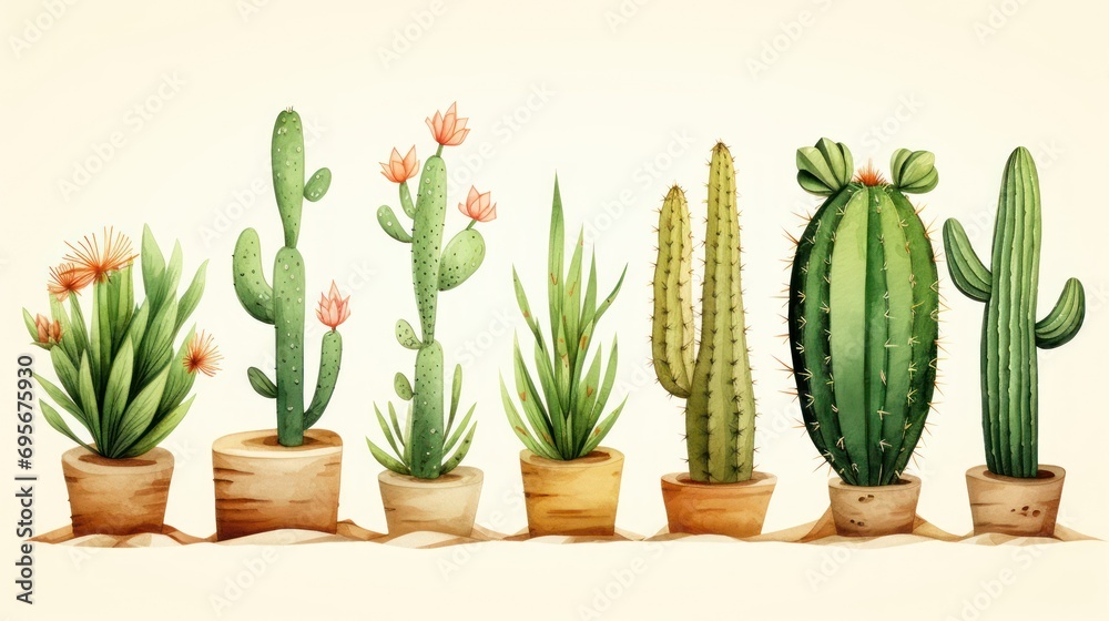 A watercolor style, minimal cartoon illustration of different cactuses, green, craft paper.