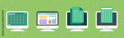 Spreadsheet on Computer screen flat illustration. Financial accounting report concept. office things for planning and accounting, analysis, audit, project management, marketing, research vector set