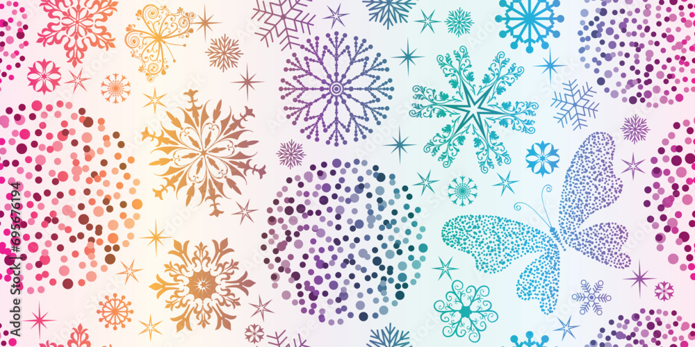 Vector seamless festive pattern with rainbow gradient balls and snowflakes and stars on a white background - obrazy, fototapety, plakaty 