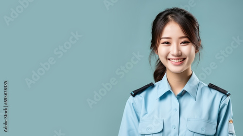 Asian woman in prison officer uniform isolated on pastel background photo