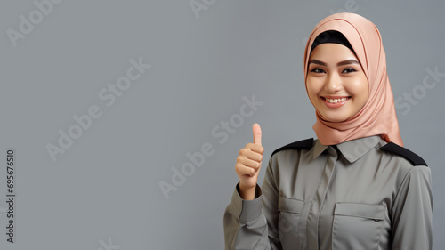 Malay woman in security guard uniform isolated on pastel background