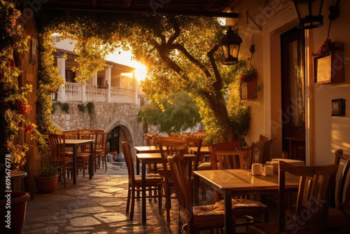 Sip of Greece: Enjoy a sip of Mediterranean charm at a Greek taverna table in Athens, where mezedes, olives, and feta shine, and ouzo's refreshing notes resonate against the backdrop of the Acropolis  photo