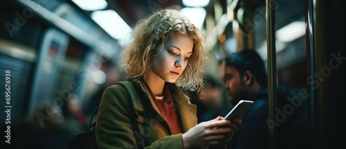 Young woman using smartphone on public transportation. Technology and urban life.