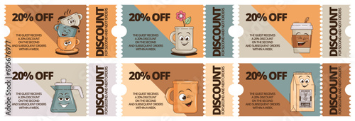 Funky groovy cartoon character Coffee discount coupon. Vintage funny mascot patch psychedelic smile, emotion. Design art for cafe, bar, restaurant. Comic trendy set vector illustration 90s style