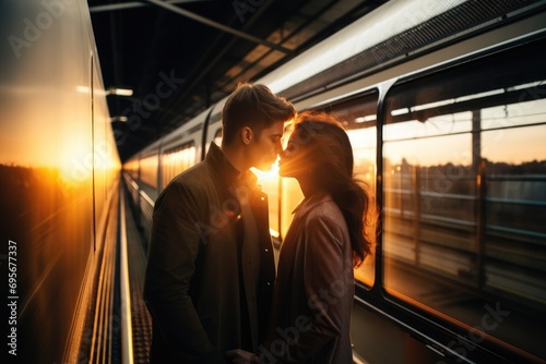 Love Beyond Goodbye: A Couple Sharing a Kiss Near the Window of a Train Terminal - A Farewell Embraced with Love, Passion, and Heartfelt Goodbye, Leaving a Lingering Sense of Longing.