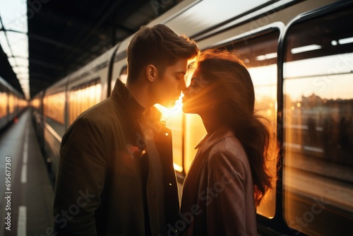 Love Beyond Goodbye: A Couple Sharing a Kiss Near the Window of a Train Terminal - A Farewell Embraced with Love, Passion, and Heartfelt Goodbye, Leaving a Lingering Sense of Longing.

 photo