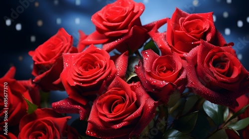 Glistening Red Roses with Bokeh Lights Background