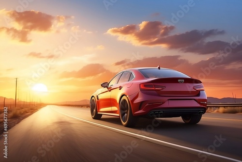 A sleek car glides gracefully along the winding road, its metallic exterior catching the warm hues of the evening sun. The asphalt beneath reflects the fading daylight. Headlights pierce the encroachi