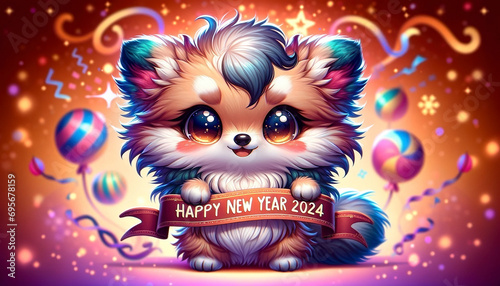 A cute, chibi-style furry animal, holding a banner that reads “Happy New Year 2024” - Generative AI