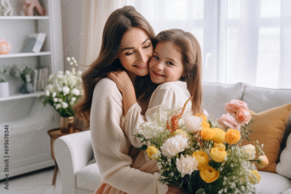 Mother hugging daughter with bouquet of flowers, joyful.