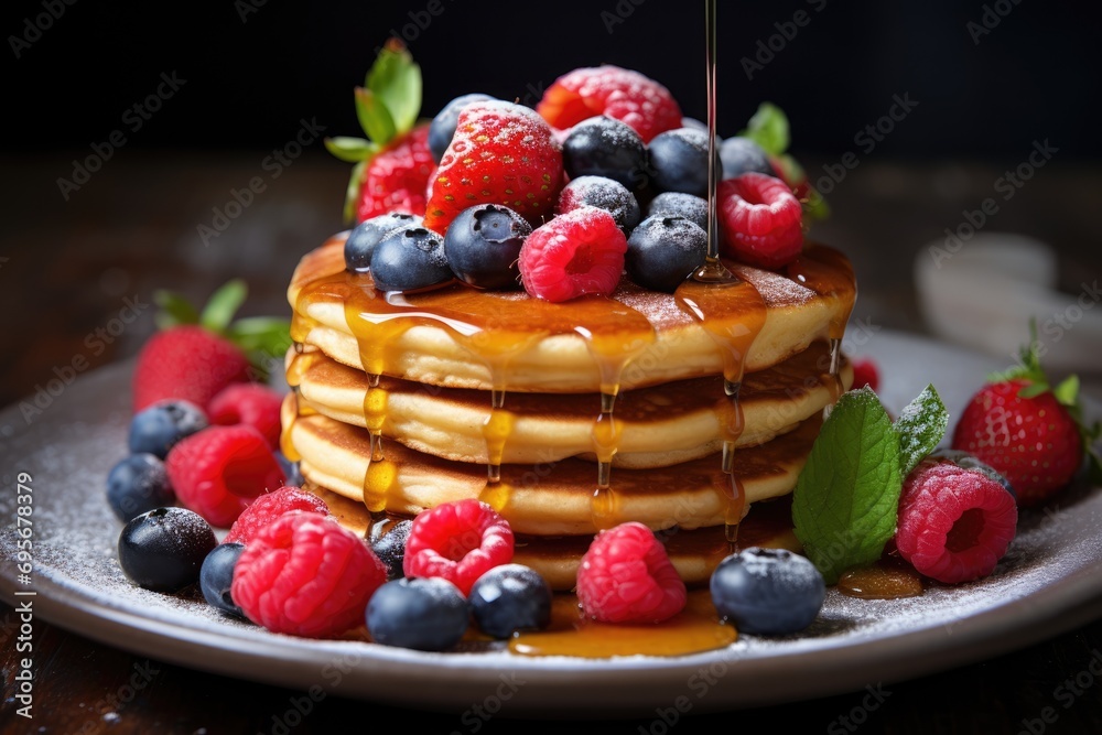 Homemade Plate of Paleo-Friendly Pancakes, Crafted with Almond Flour, Topped with Fresh Berries, and Gently Drizzled with Honey for a Wholesome Morning Delight Homemade Plate of Paleo-Friendly Pancakes, Crafted with Almond Flour, Topped with Fresh Berries, and Gently Drizzled with Honey for a Wholesome Morning Delight