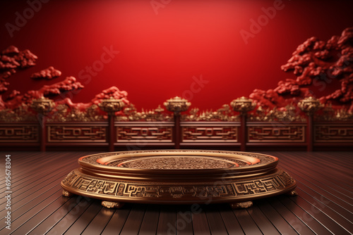 Chinese concept with an empty wood floor and traditional decoration with a red background.