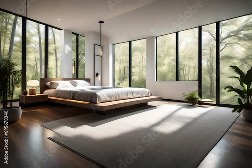 serene bedroom with a platform bed, minimalist nightstands, and a single large window offering a view of nature.