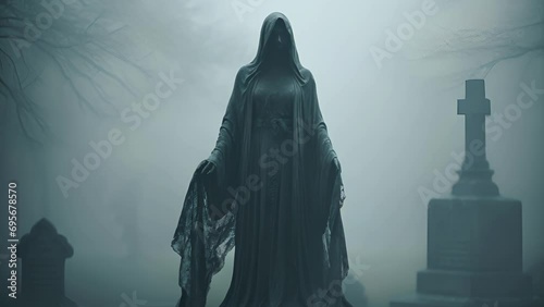 A spectral figure cloaked in a shimmering cloak of moonlight drifting through a graveyard Fantasy art concept.