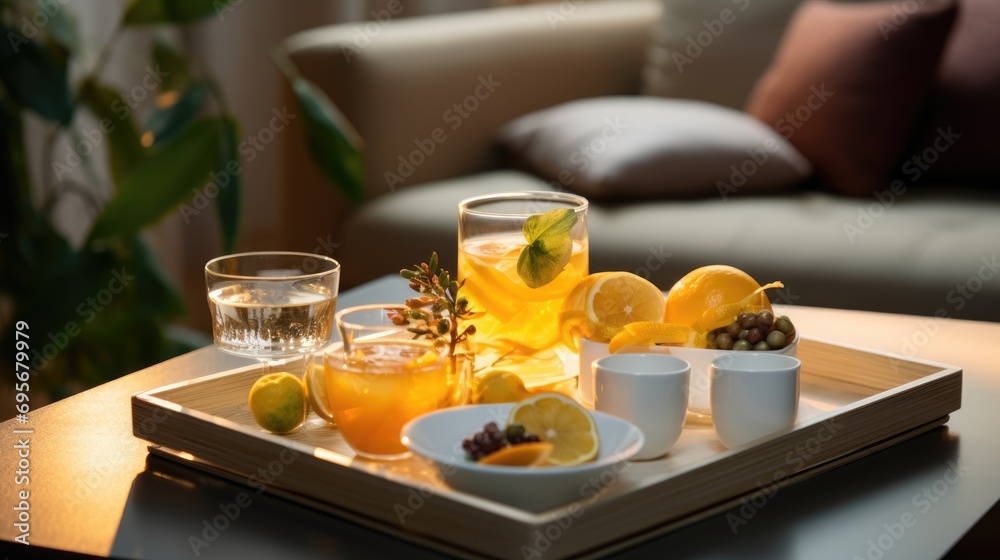 Nourish Your Body and Soul: Discover the Health Benefits of Herbal Tea and Fresh Fruits, Served on a Tray for a Perfectly Balanced Snack Time.