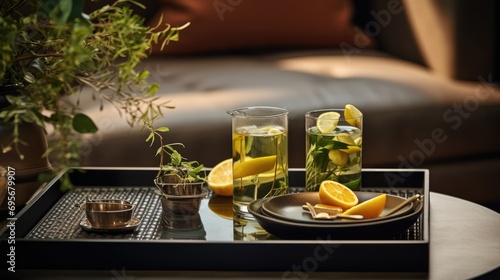 Enhance Your Relaxing Moments: Herbal Tea Served on a Tray, Creating a Serene Atmosphere on Your Living Room Coffee Table.