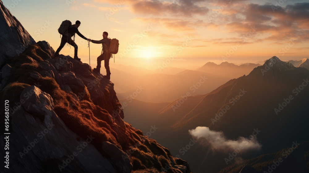Two men. Travelers lend a helping hand, overcoming obstacles, climbing to the top. Business, the path to success. Silhouette of tourists at sunset in the everest mountains in the sun, winter season, t - obrazy, fototapety, plakaty 