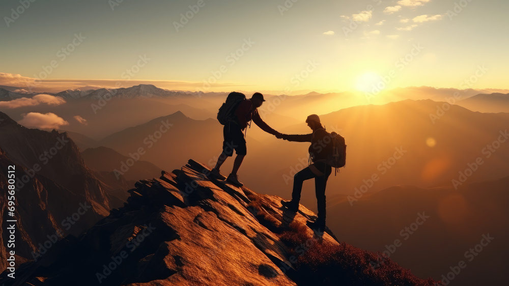 Two men. Travelers lend a helping hand, overcoming obstacles, climbing to the top. Business, the path to success. Silhouette of tourists at sunset in the everest mountains in the sun, winter season, t