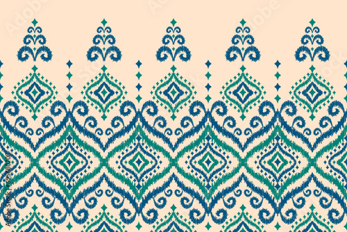 Ethnic ikat seamless pattern in tribal. Aztec geometric ethnic ornament print. Ikat pattern style. Design for background, wallpaper, illustration, fabric, clothing, carpet, textile, batik, embroidery.