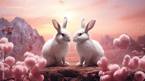 Couple of cute bunny on romantic valentines background. Valentine's day greeting card, in love photo