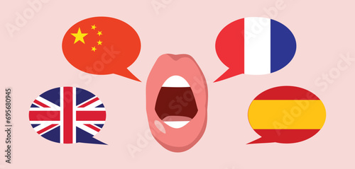 Vector Polyglot Mouth Speaking Multiple Foreign Languages. Person knowing Mandarin, Spanish, English and French language 
 photo
