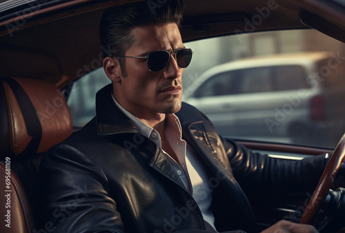 Handsome young man in leather jacket and sunglasses sitting in the car © Kordiush