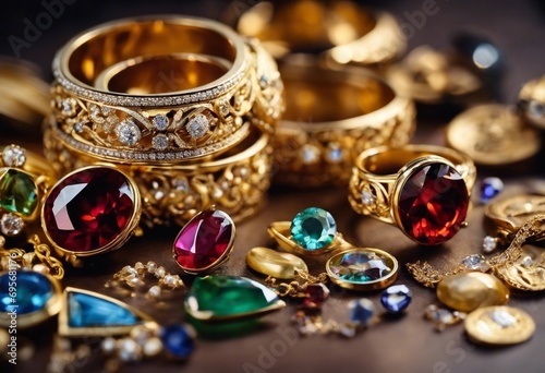 Variety of exquisite jewelry containing jewelry gold diamond gemstones photo