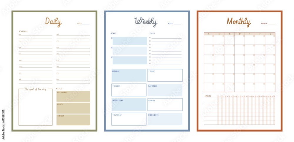 set 3 of Daily Weekly Monthly Planner. Minimalist planner template set. Vector illustration.	 - obrazy, fototapety, plakaty 