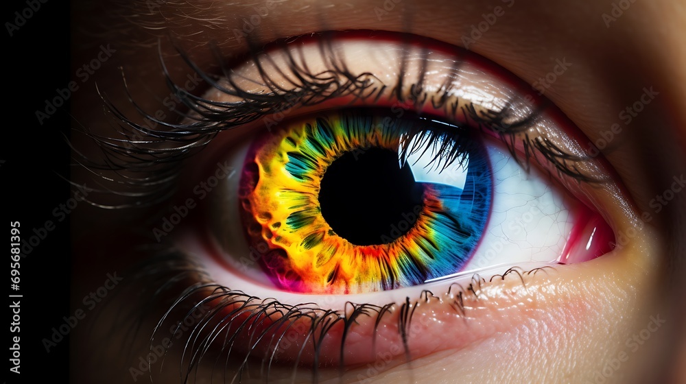 Fototapeta premium A frontal close-up of a woman's eye with a colorful iris. Concepts related to ophthalmic cosmetic procedures and facial recognition