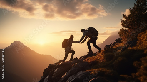 Two men. Travelers lend a helping hand, overcoming obstacles, climbing to the top. Business, the path to success. Silhouette of tourists at sunset in the everest mountains in the sun, winter season, t © ribelco