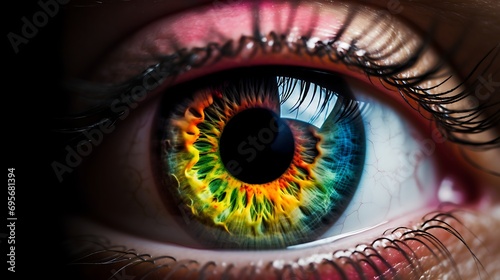 close up view showcasing a young woman adorned with eye makeup, featuring irises colored in a vibrant rainbow spectrum. Concepts related to ophthalmic cosmetic procedures and facial recognition photo