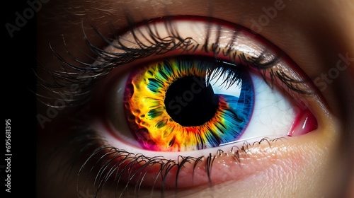 A frontal close-up of a woman's eye with a colorful iris. Concepts related to ophthalmic cosmetic procedures and facial recognition