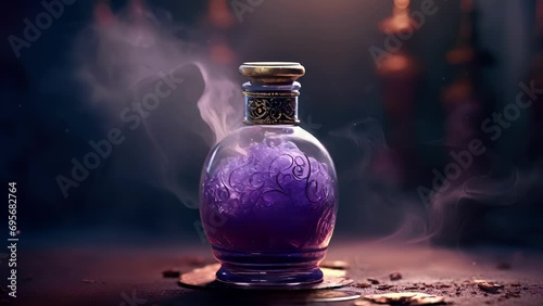 An ethereal glass vial with a hint of smoky color filled with a velvety purple potion Fantasy art concept. photo