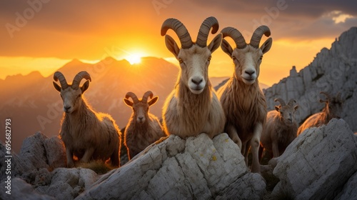 Into the Heart of the Dolomites at Sunset: A Spectacular Encounter with a Herd of Ibex, As They Navigate the Rugged Terrain of the Alpine Wilderness. photo