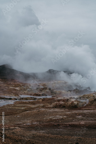 Volcanic, coastal lanscape in southwest Iceland at Gunnuhver Hot Springs