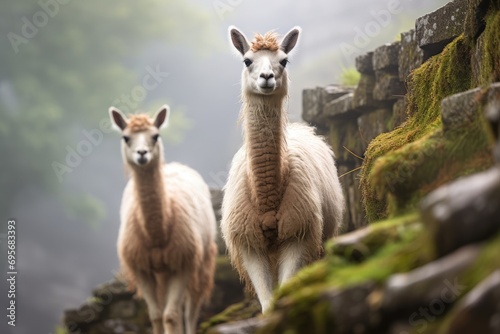 Andean Llamas in Machu Picchu: Llamas peacefully grazing amidst the ancient ruins of Machu Picchu, creating a harmonious blend of history and nature