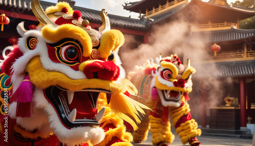 Chinese lion dance in the temple