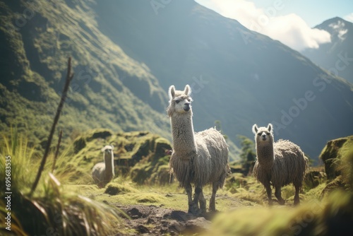 Andean Llamas in Machu Picchu: Llamas peacefully grazing amidst the ancient ruins of Machu Picchu, creating a harmonious blend of history and nature photo
