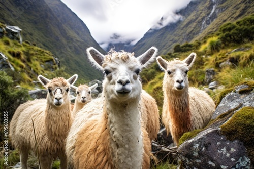 Andean Llamas in Machu Picchu: Llamas peacefully grazing amidst the ancient ruins of Machu Picchu, creating a harmonious blend of history and nature photo