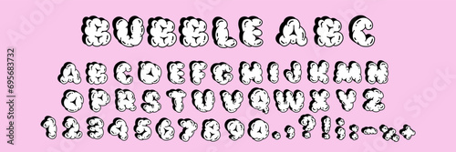 Hand Drawing Balloon Bubble Alphabet. Cartoon Abstract Shape Cloud elements in kids drawn style. Trendy Retro Y2K letters, numbers, symbols set. Funky Childish Graffiti Latin Font Vector Illustration