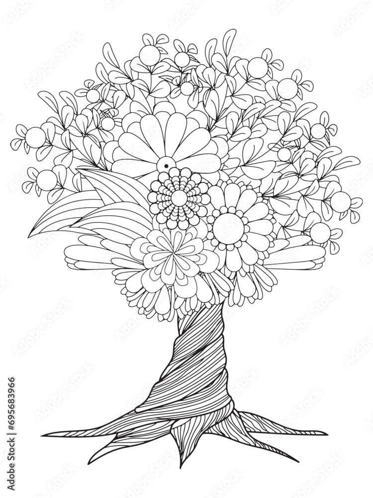 Flower tree coloring pages,Art therapy coloring page. Vector black and ...